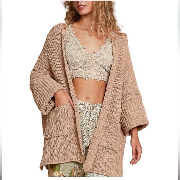 POL Powder Cocoa Oversized Cropped Sleeve Pockets Solid Sweater